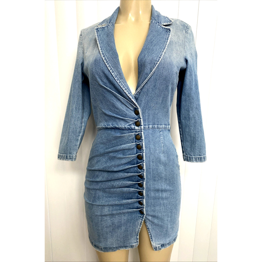 Retrofete Willa Mini Dress Light Blue Stone 3/4 Sleeve Notch Lapel Snap S - Picture 7 of 16